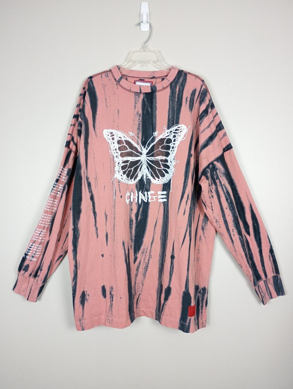 CHNGE Organic Cotton Tie Dye Butterfly Long Sleeve T-Shirt Dress Pink Black 2XL